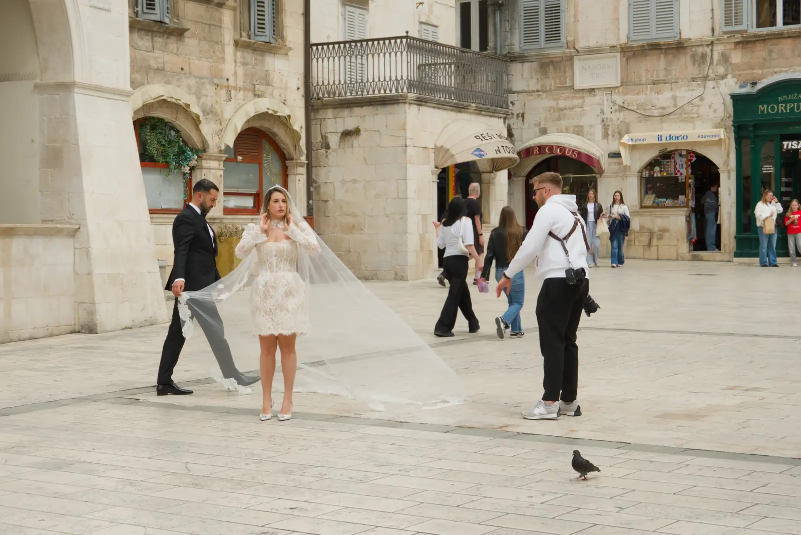 There's a wedding photo shoot in Narodni Trg Pjaca, from Hauling Boats to Croatia: Desenzano to Split, Croatia - 13th April 2026