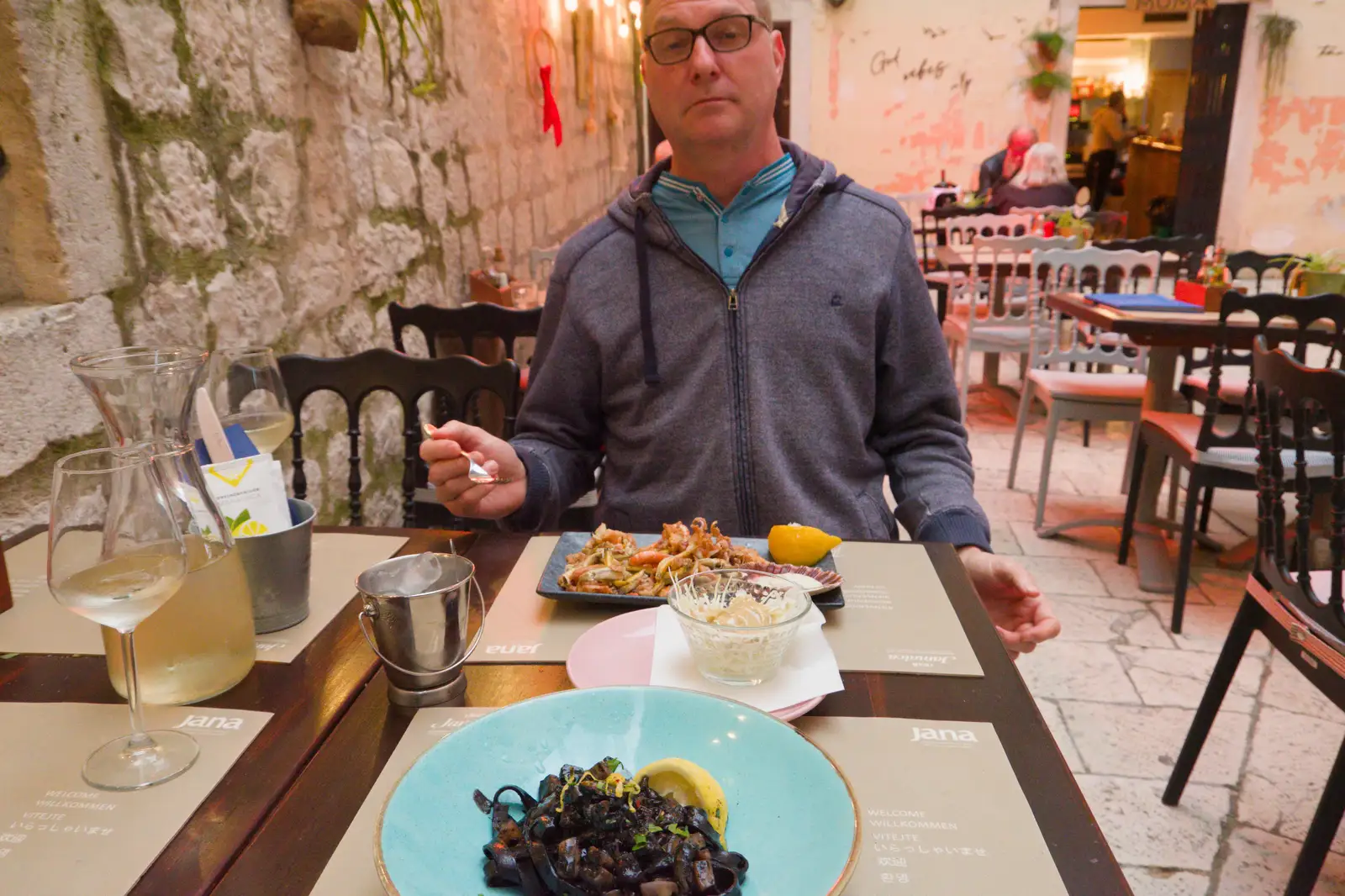 Squid-ink pasta and fried seafood arrives, from Hauling Boats to Croatia: Desenzano to Split, Croatia - 13th April 2026