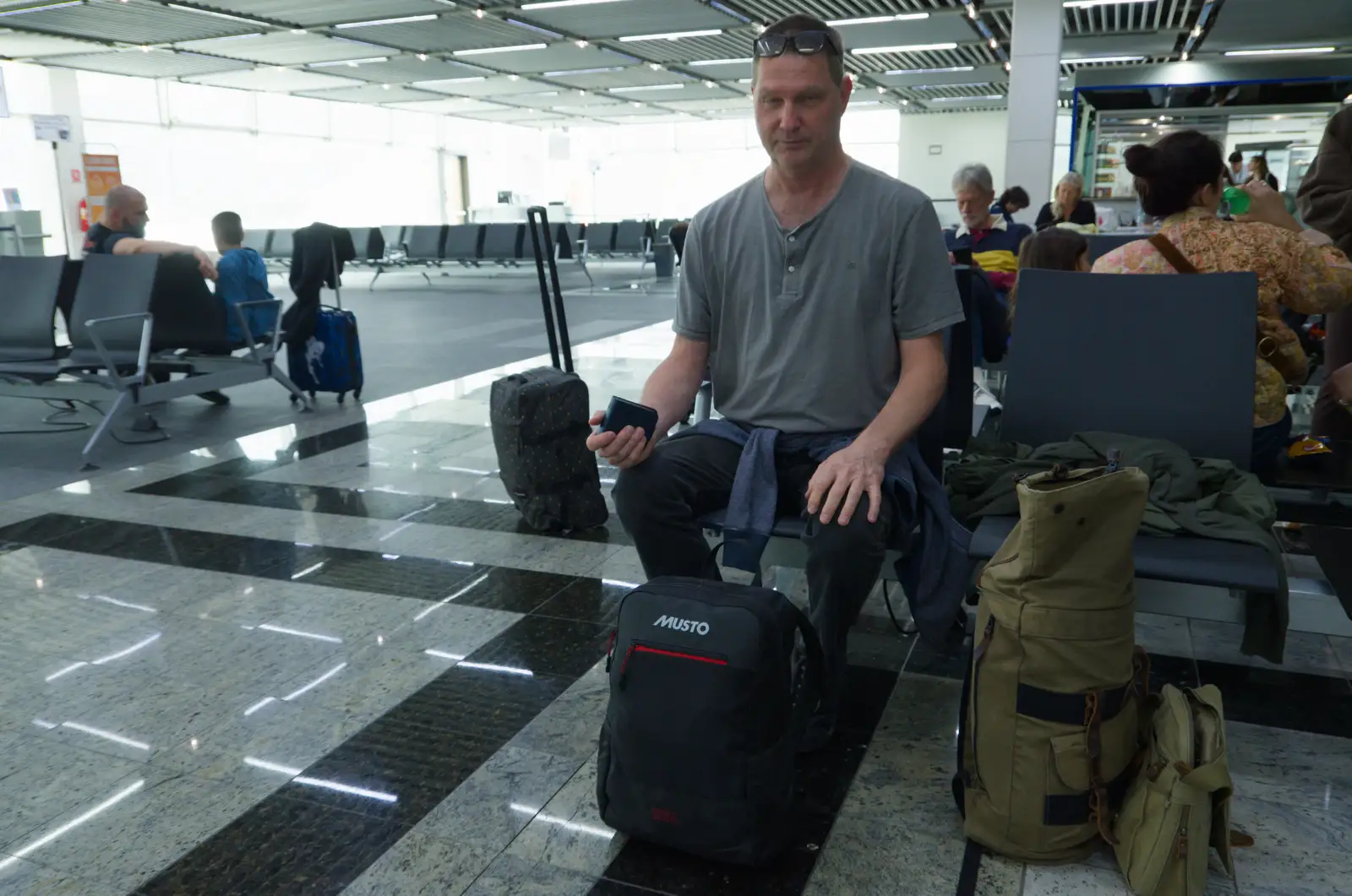 Sean at departure gate nine, from Hauling Boats to Croatia: The Journey Home - 15th April 2026