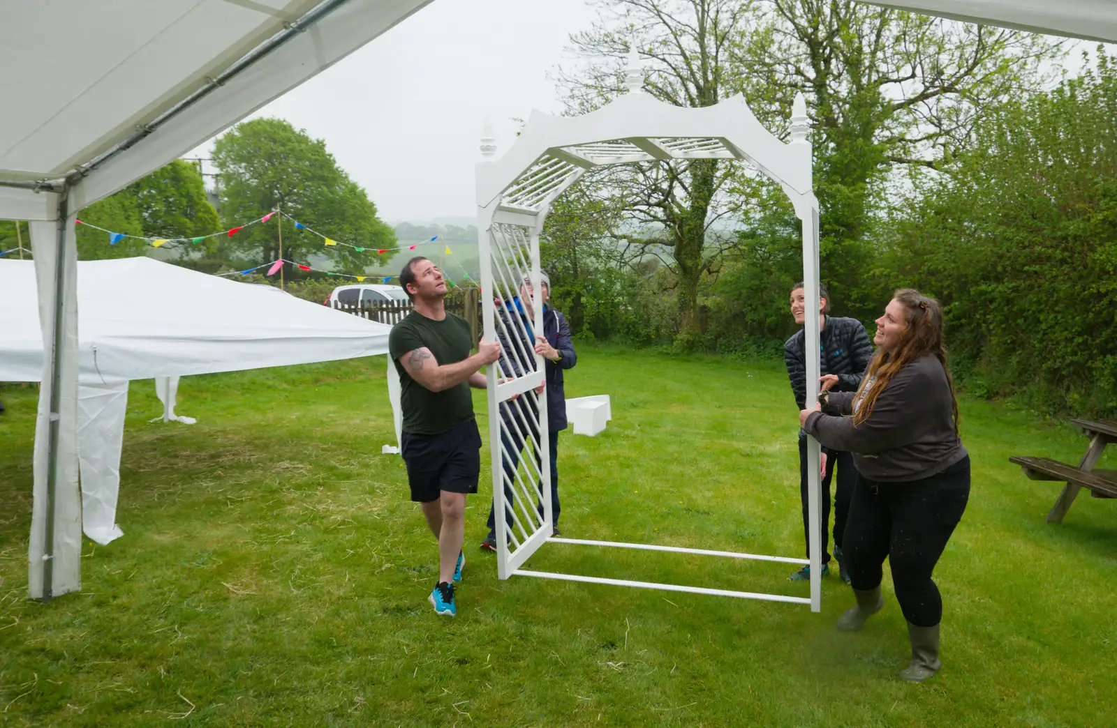 The wedding arch is brought in , from Lunch in South Molton and Sean's "Stag Night", King's Nympton, Devon - 2nd May 2026