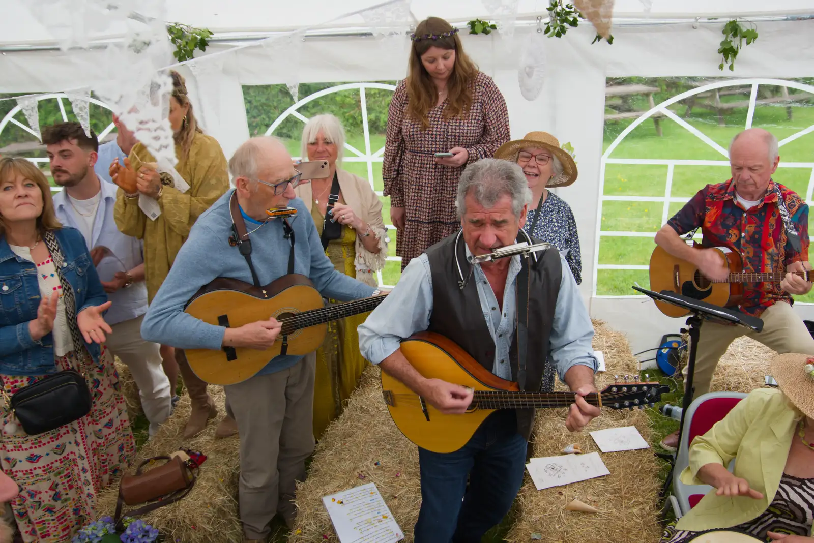 The folk band accompanies the exit, from Hannah and Sean's Wedding, King's Nympton, Devon - 3rd May 2026