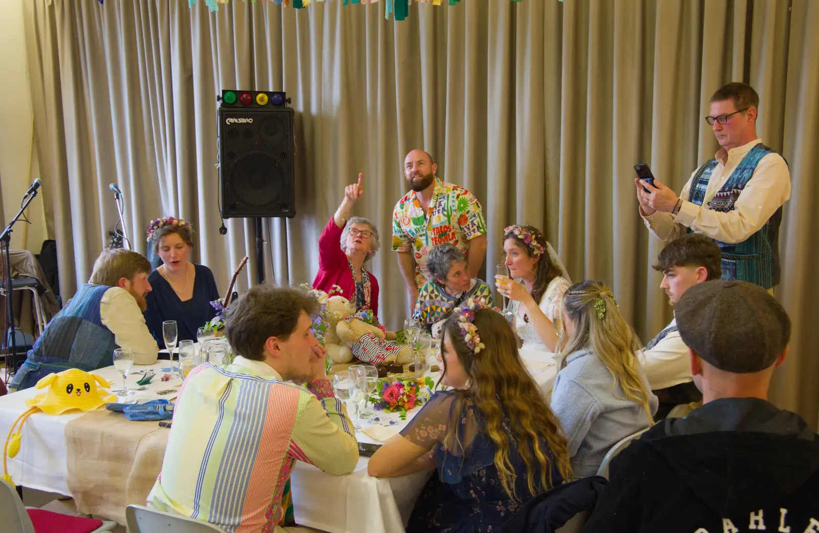 Pam points at the bunting, from Hannah and Sean's Wedding, King's Nympton, Devon - 3rd May 2026