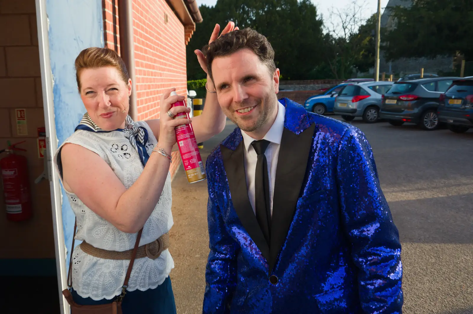Suzanne gives Cathal's hair some adjustment, from More Back to the 60s, Garboldisham Village Hall - 23rd May 2026