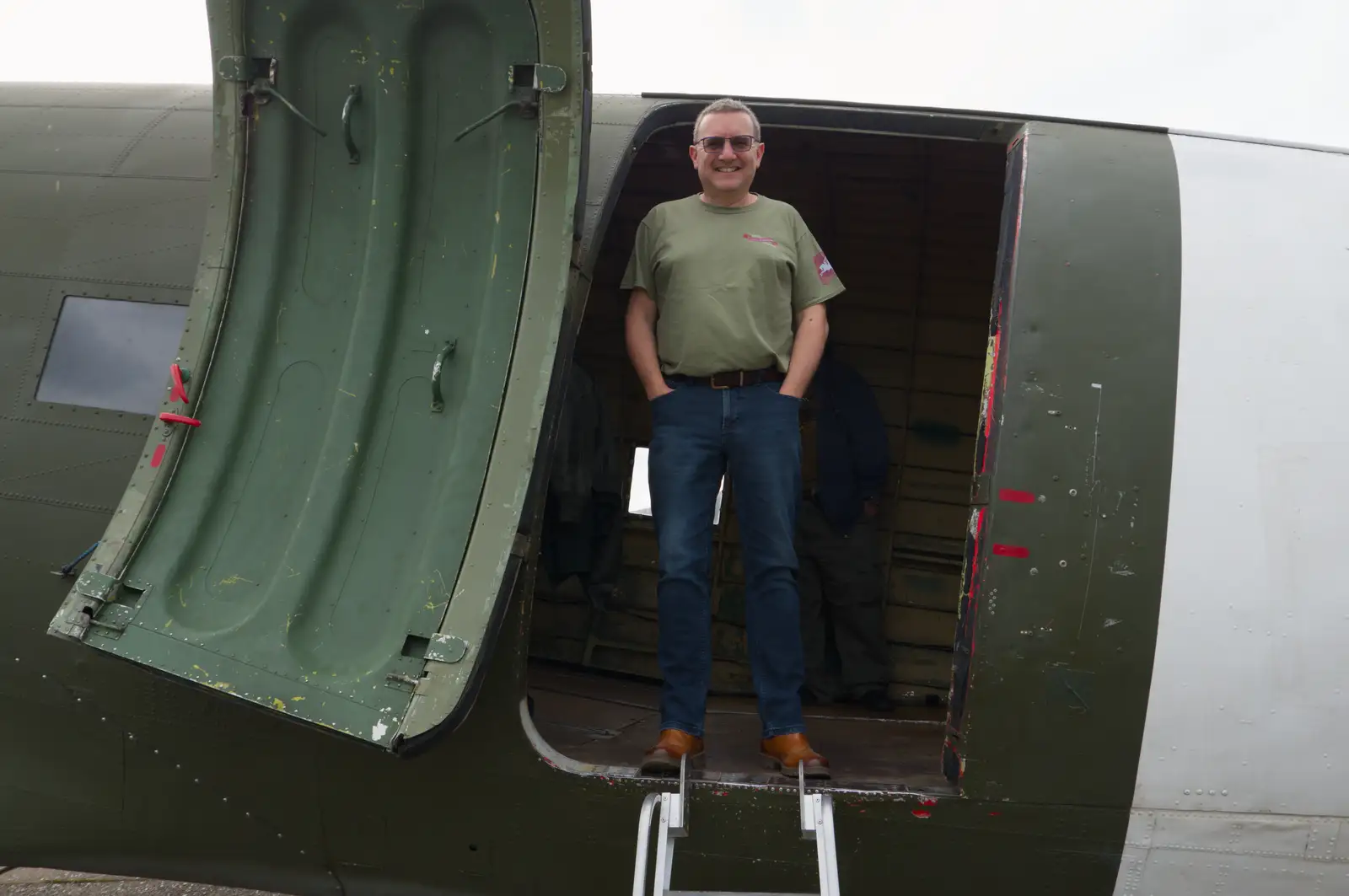 Clive grins, from Flying to Cherbourg on a C-47 Dakota, Normandy, France - 1st June 2026