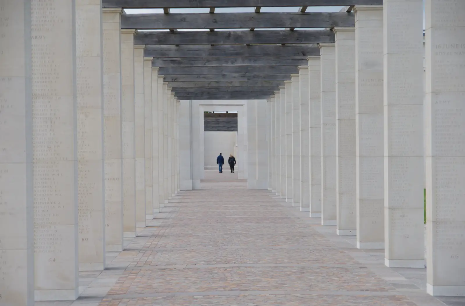 Stone columns, carved from local stone, from Pegasus Bridge, the British Memorial and Arromaches, Normandy - 2nd June 2026