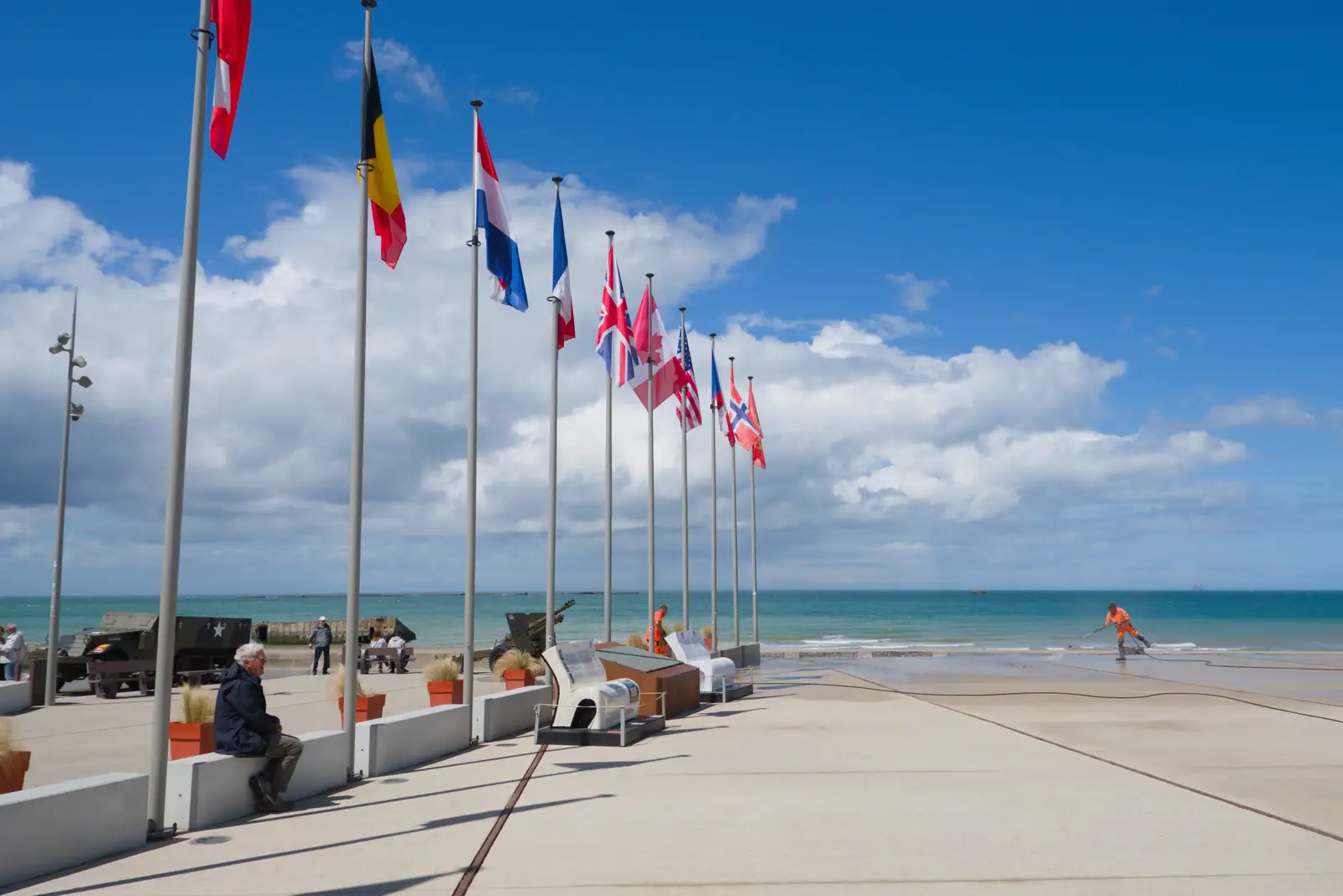 Flags on the beach at Arromanches-les-Bains, from Pegasus Bridge, the British Memorial and Arromaches, Normandy - 2nd June 2026