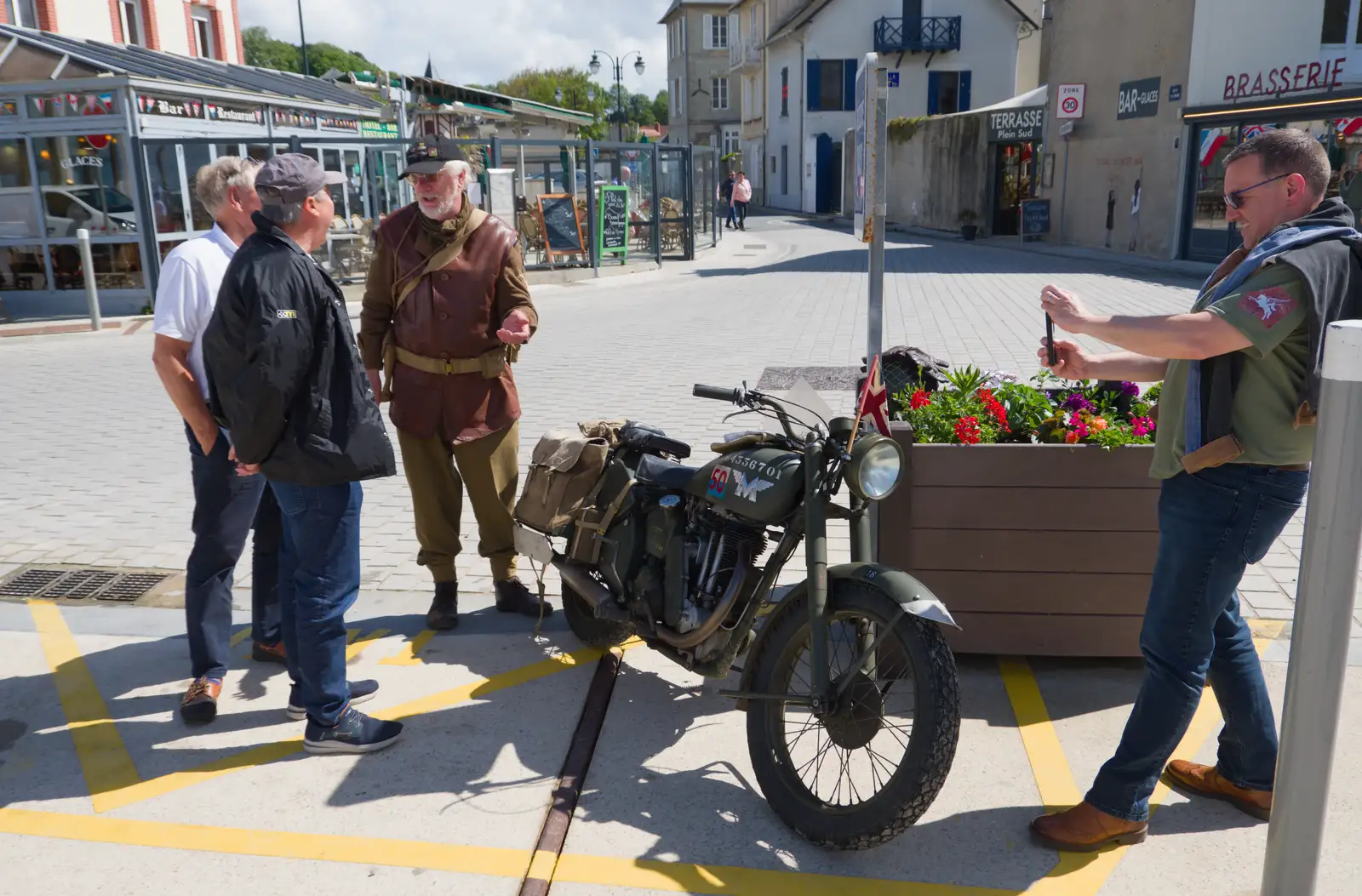 Clive gets a photo of the vintage motorobike, from Pegasus Bridge, the British Memorial and Arromaches, Normandy - 2nd June 2026