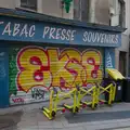 A colourful tag on roller shutters, Pegasus Bridge, the British Memorial and Arromaches, Normandy - 2nd June 2026