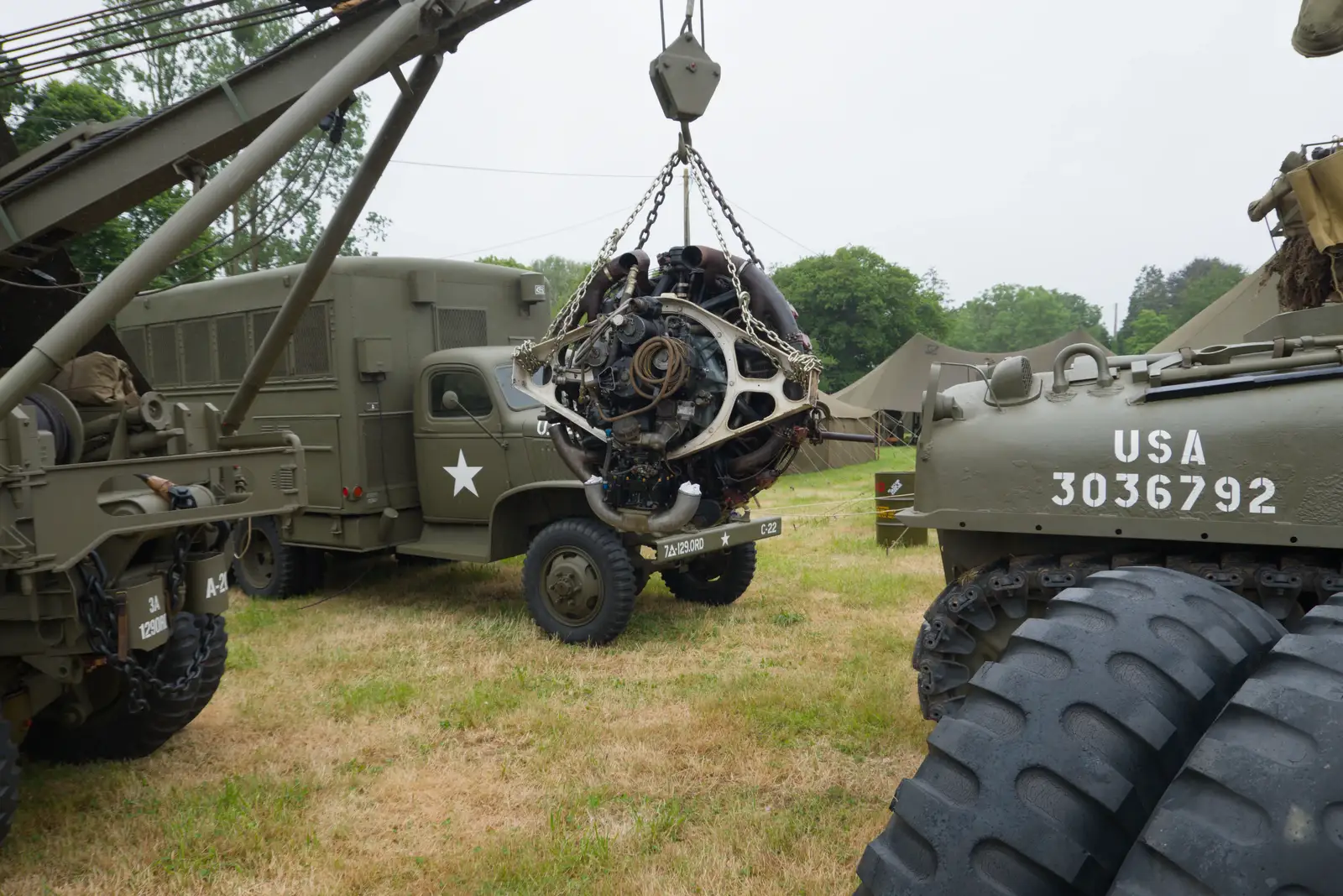 A Sherman rotary engine on a crane, from Sainte-Mère-Élgise and Saint-Côme-du-Mont, Normandy, France - 3rd June 2026