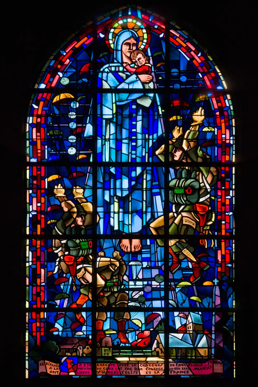 Impressive 1960s stained glass, with parachutists, from Sainte-Mère-Élgise and Saint-Côme-du-Mont, Normandy, France - 3rd June 2026