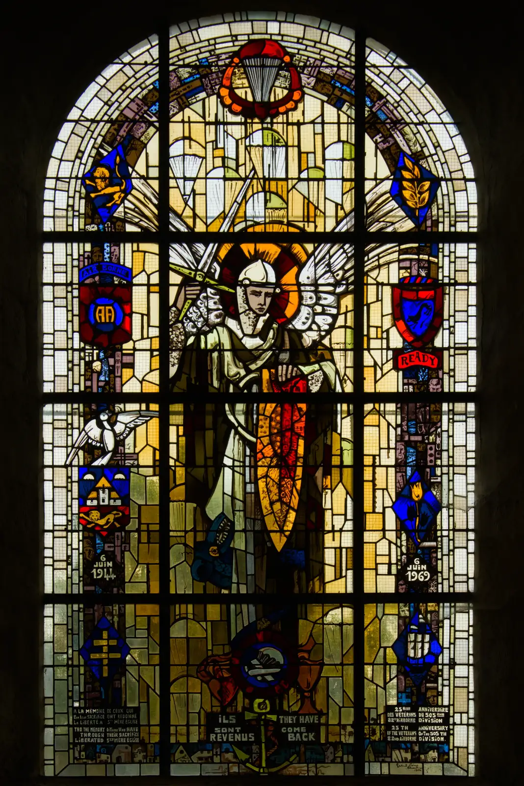 Another stained-glass window from 1969, from Sainte-Mère-Élgise and Saint-Côme-du-Mont, Normandy, France - 3rd June 2026