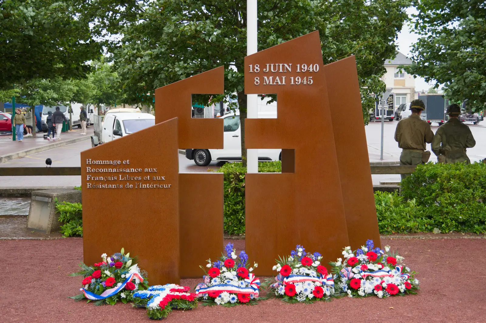 A sculpture with the dates of French resistance, from Sainte-Mère-Élgise and Saint-Côme-du-Mont, Normandy, France - 3rd June 2026