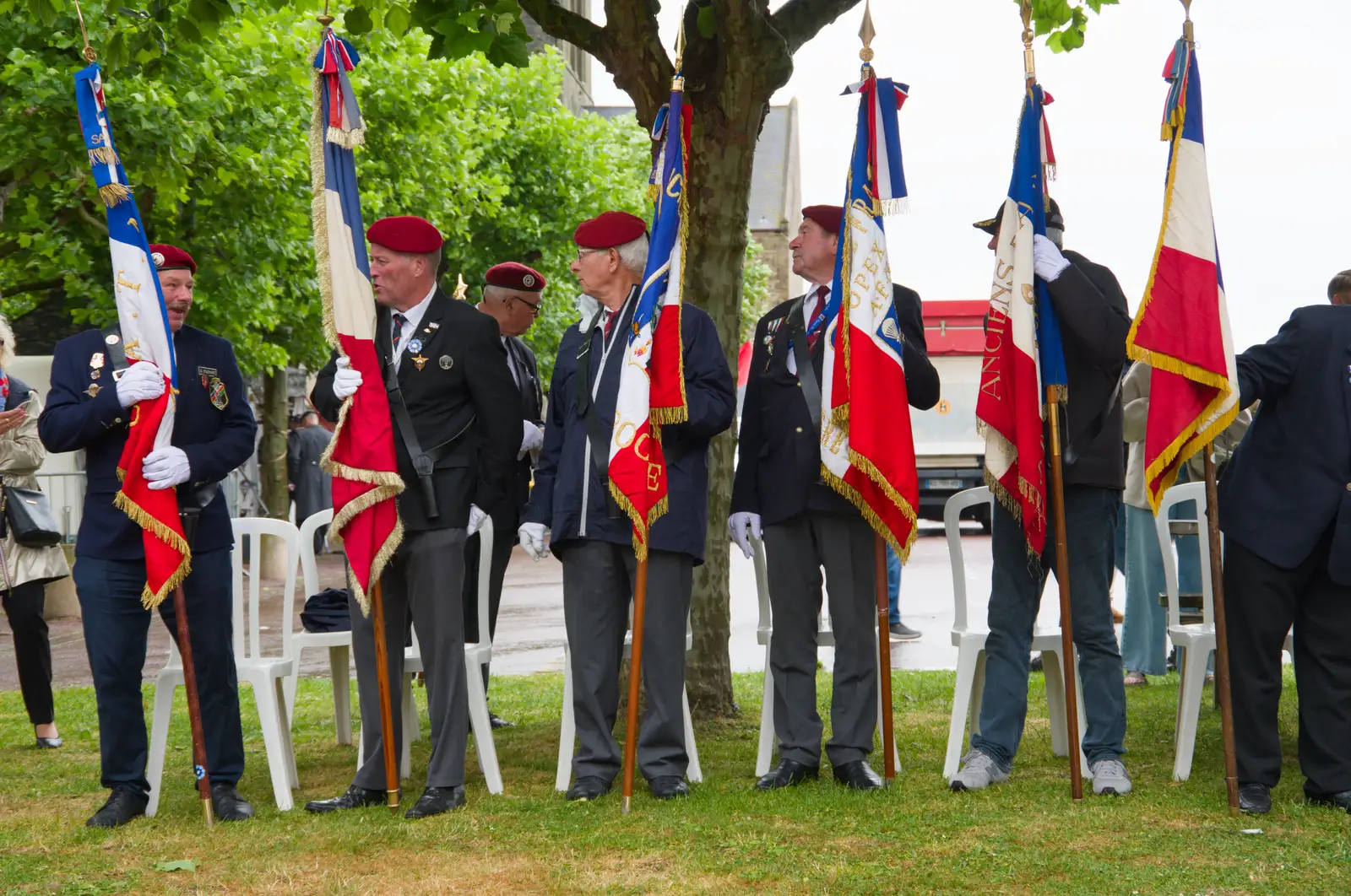 The flag bearers hang around, from Sainte-Mère-Élgise and Saint-Côme-du-Mont, Normandy, France - 3rd June 2026