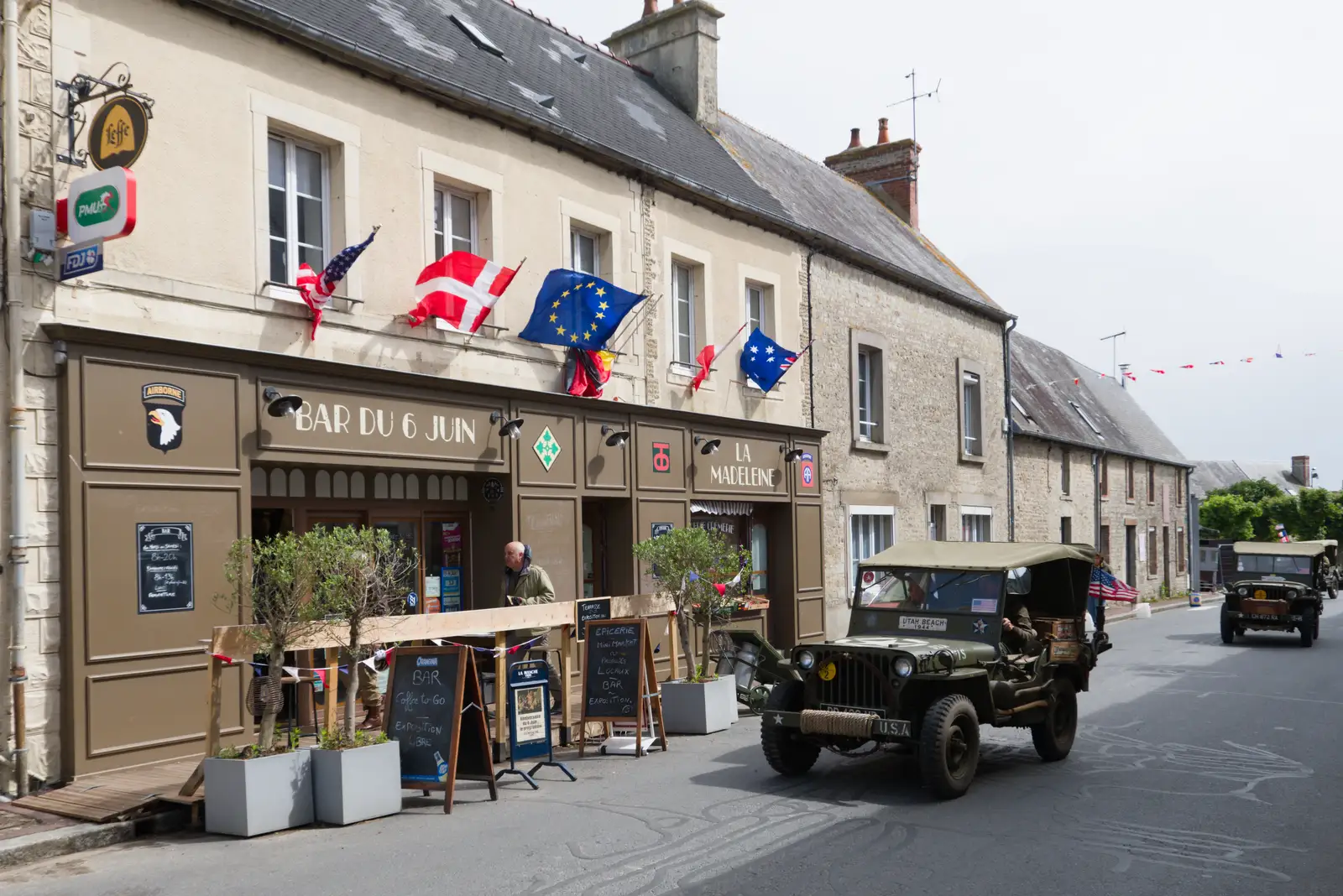 A Jeep outside the Bar Du 6 Juin, from Quettehou, Sainte-Marie-du-Mont and the D-Day Museum, Utah Beach - 4th June 2026