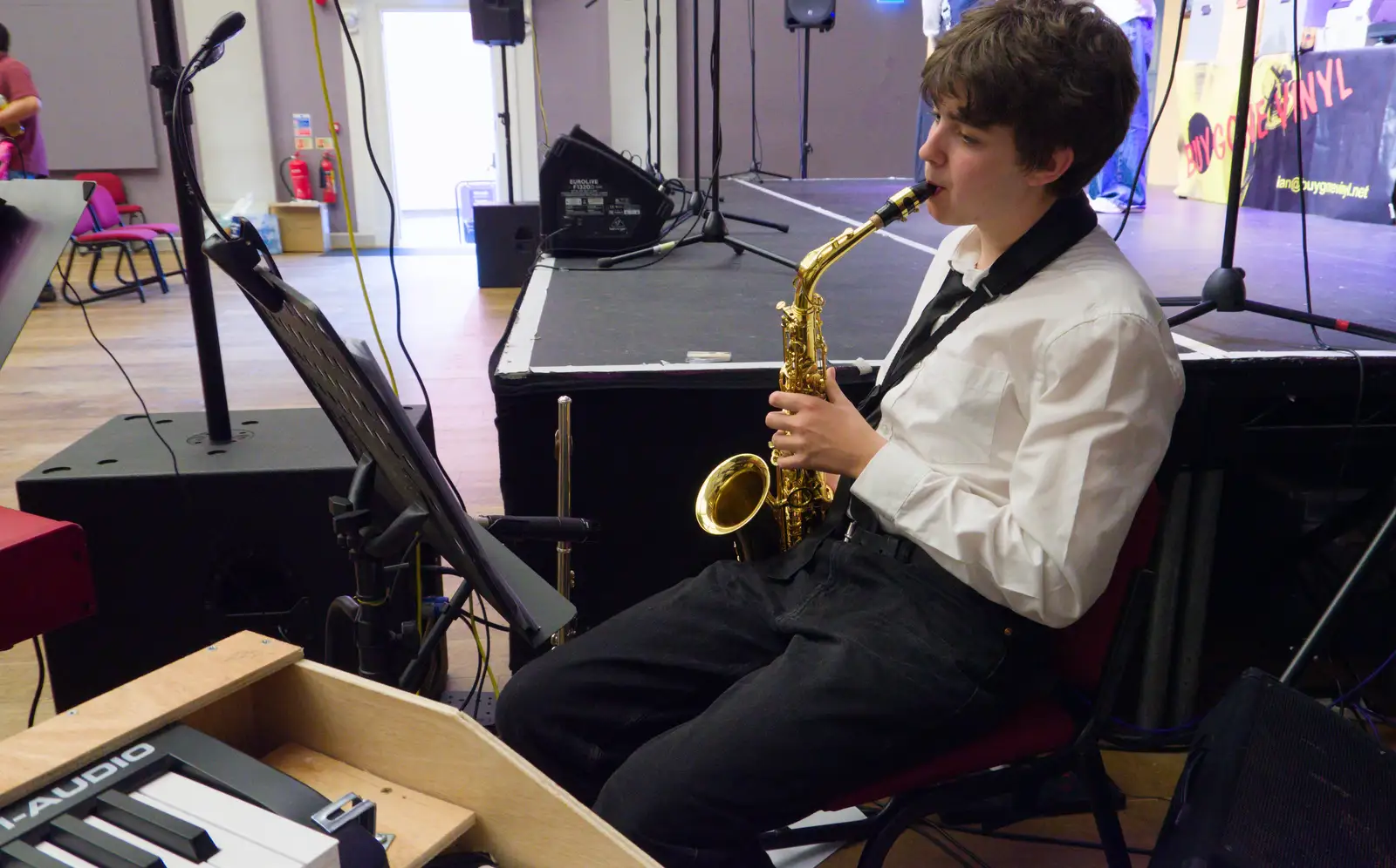 Fred warms up his saxophone, from Palgrave Players at the Corn Hall, Diss - 12th June 2026