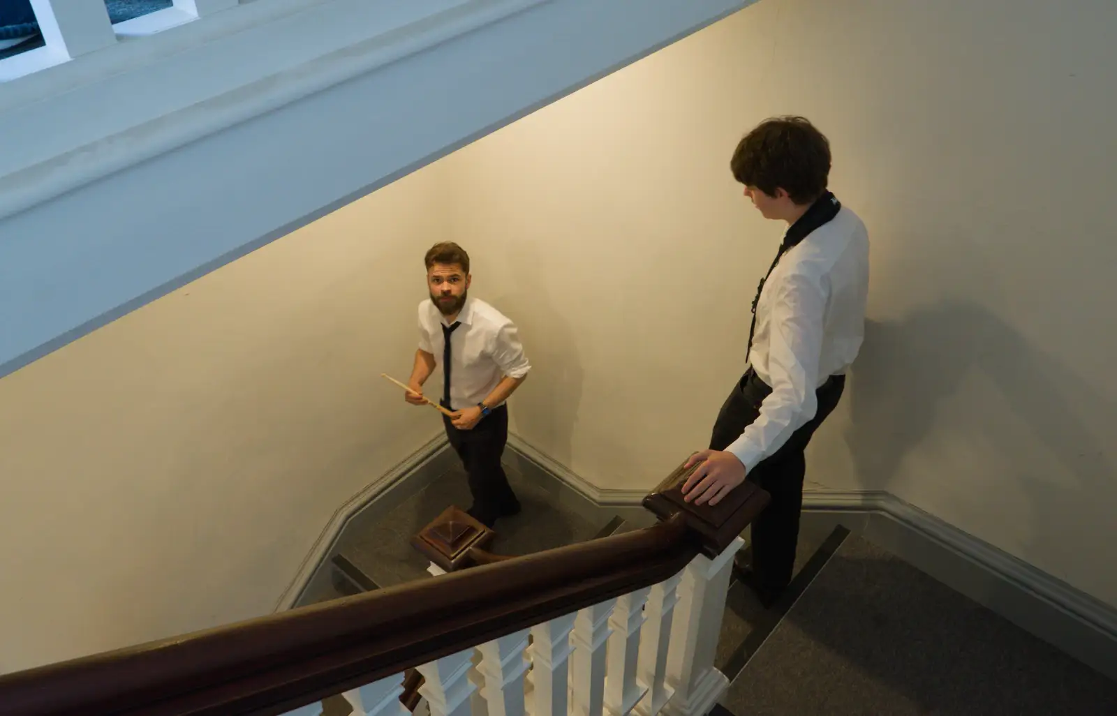 AJ and Fred head down to the auditorium, from Palgrave Players at the Corn Hall, Diss - 12th June 2026