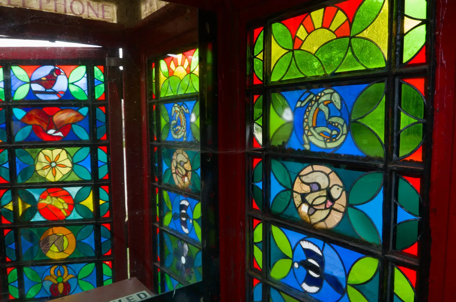 The stained glass of the old K6 phone box, from Mellis Gardens and a Walk to Diss, Norfolk - 13th June 2026