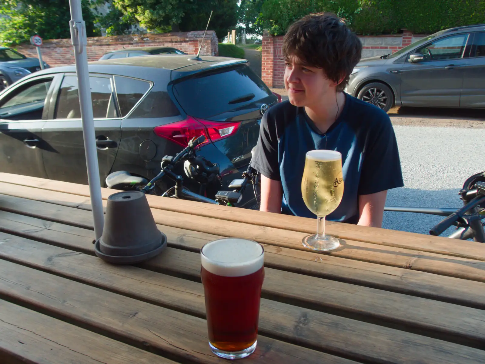 Fred's got a pint of cider, from The BSCC does the Red Lion, Kenninghall, Norfolk - 25th June 2026