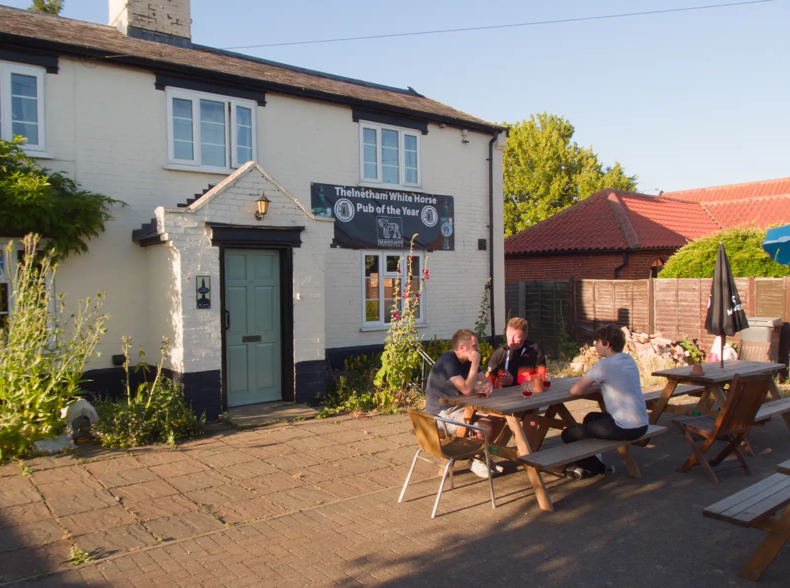 The boys outside the White Horse, Thelnetham, from An Orchestral Big Play Day, Risby, Suffolk - 4th July 2026