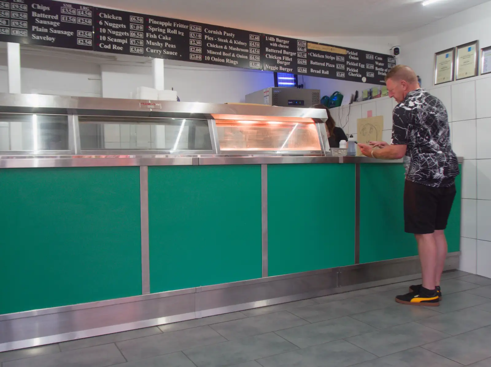 Gaz at the chip-shop counter, from Sausage and Chips in Debenham, Suffolk - 9th July 2026