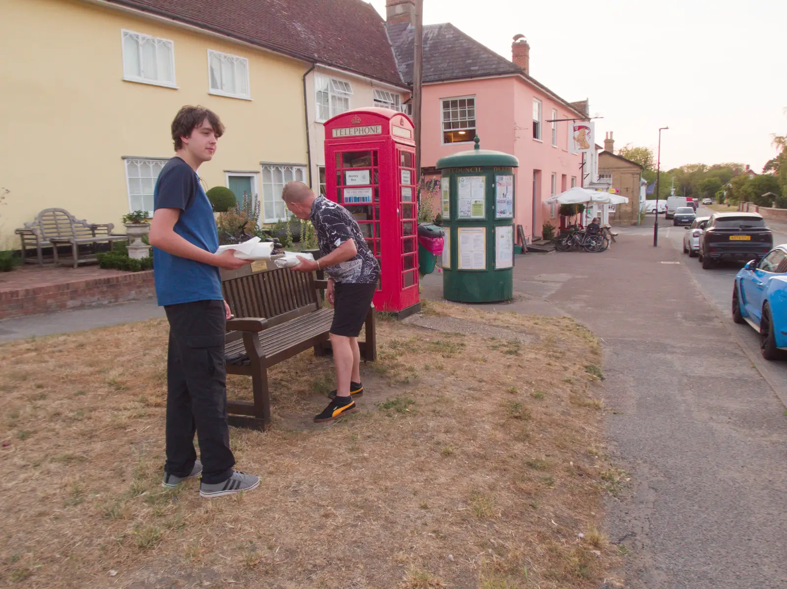 We park on a bench near the phone box, from Sausage and Chips in Debenham, Suffolk - 9th July 2026