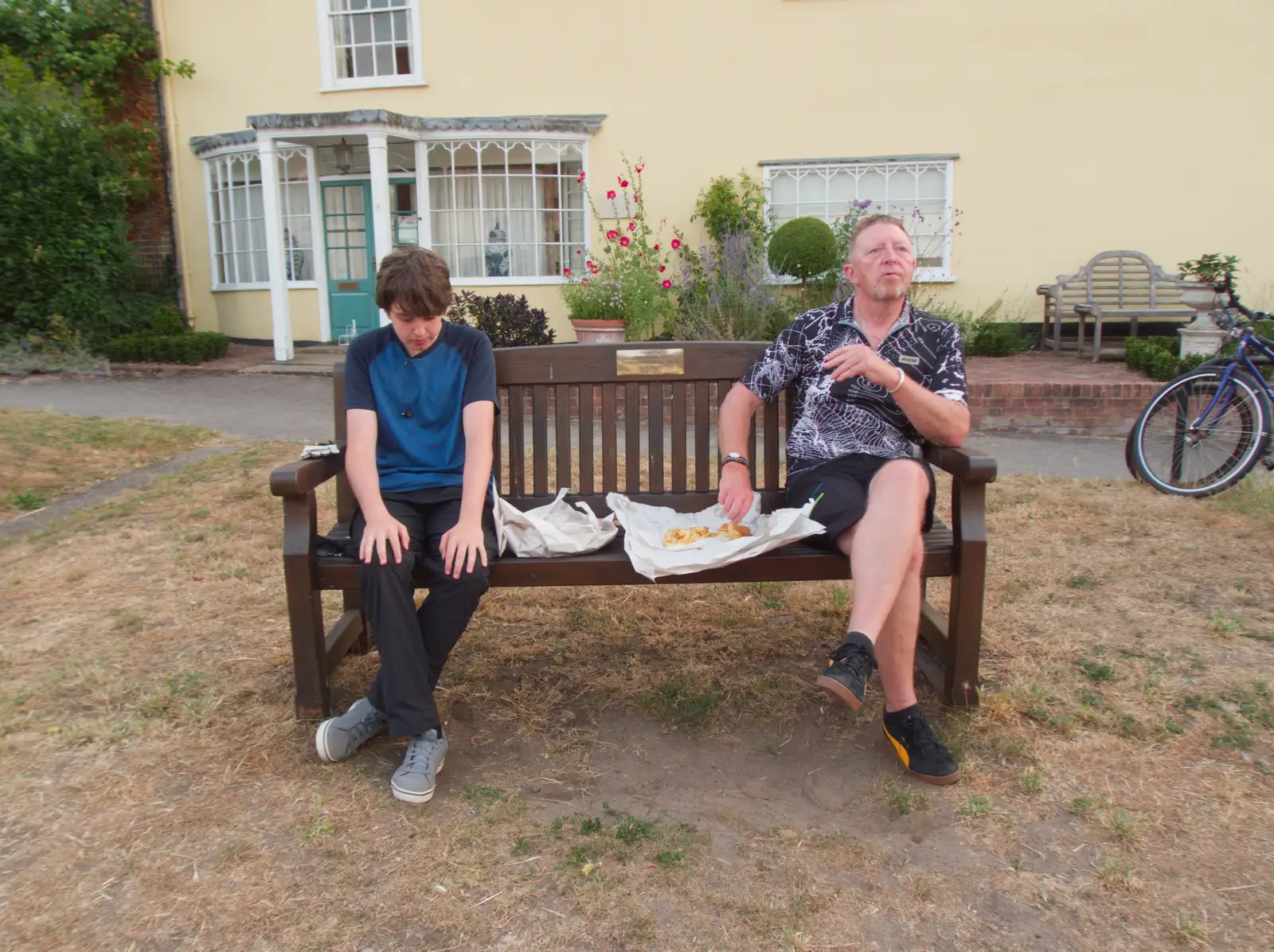 Fred and Gaz eat sausage and chips, from Sausage and Chips in Debenham, Suffolk - 9th July 2026