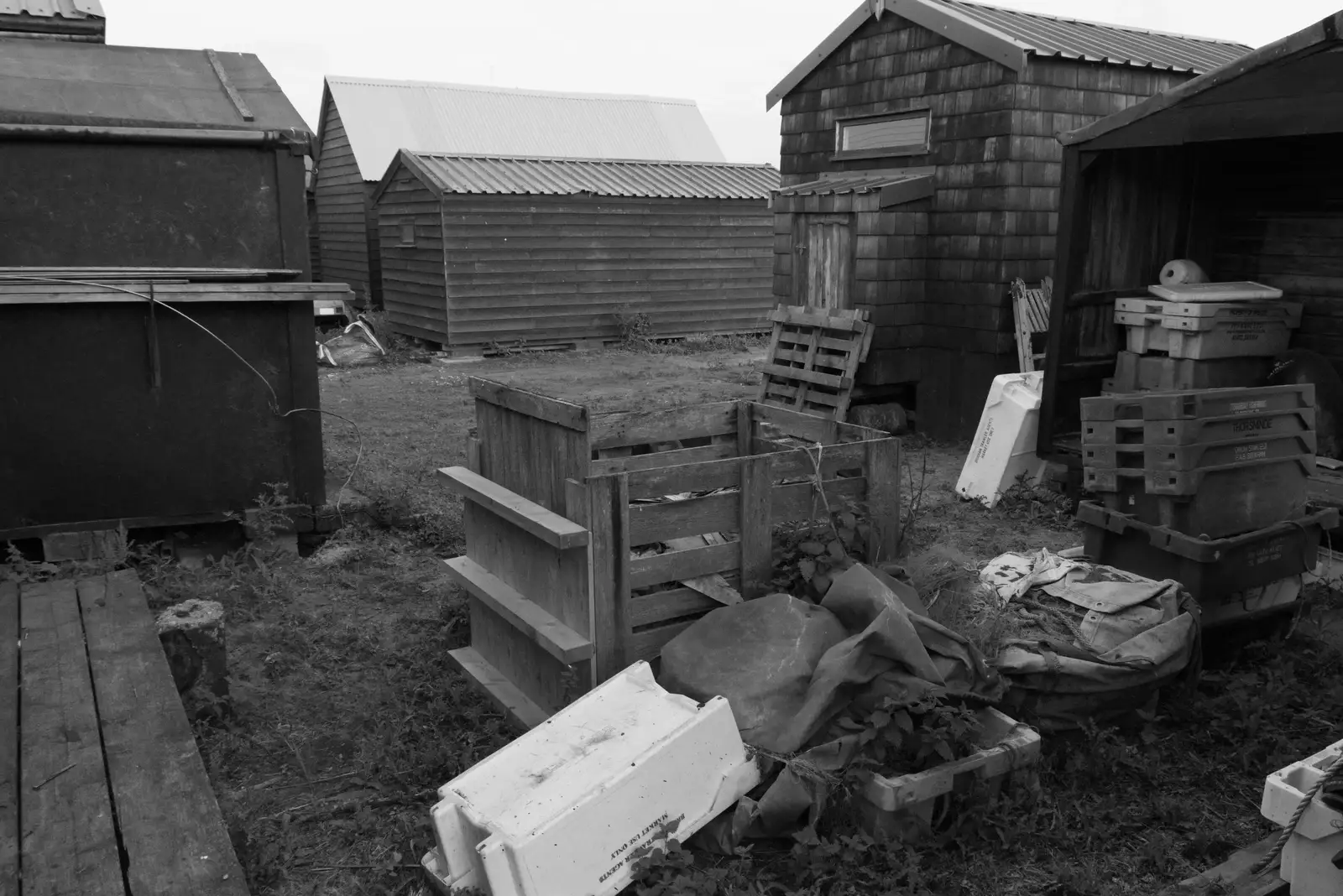 Round the back of some fishing huts, from Harry's Karate Kamp, Harbour Campsite, Southwold - 12th July 2026
