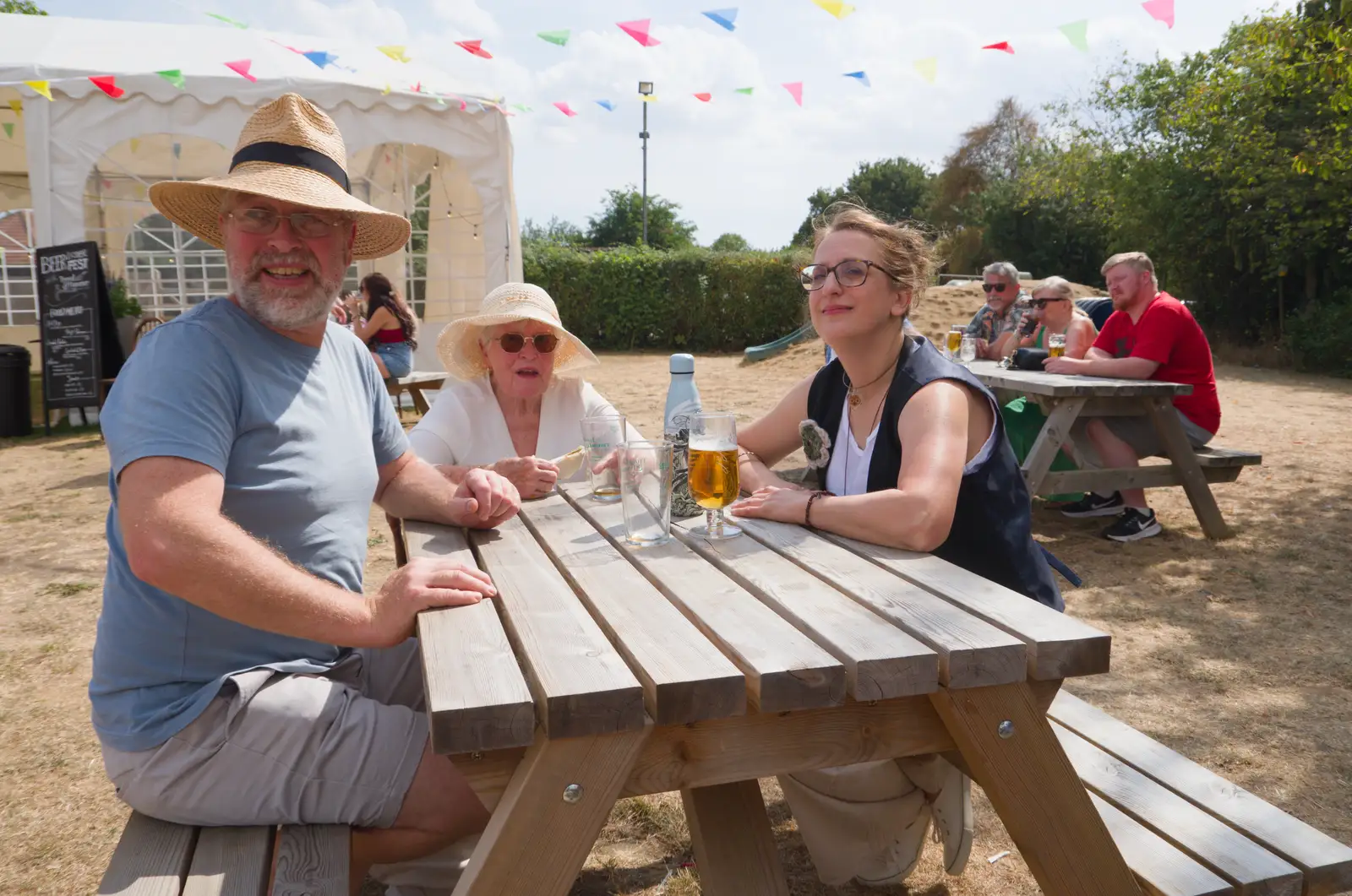 Marc and his mum on a bench, from Music in the Beer Garden, Trowel and Hammer, Cotton - 2nd August 2026