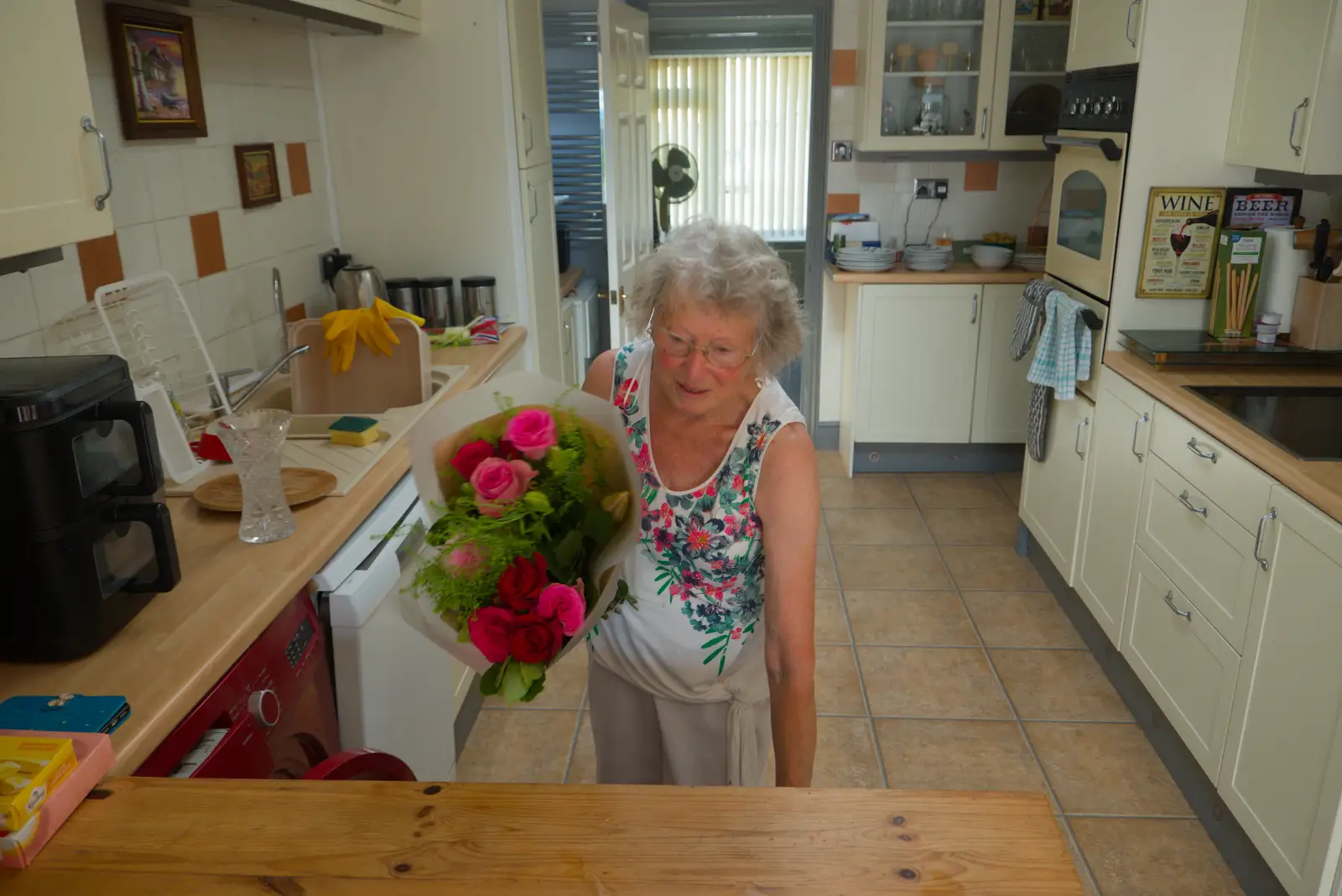 Sylvia gets a bunch of flowers, from Alan's 80th Birthday, Eye, Suffolk - 8th August 2026