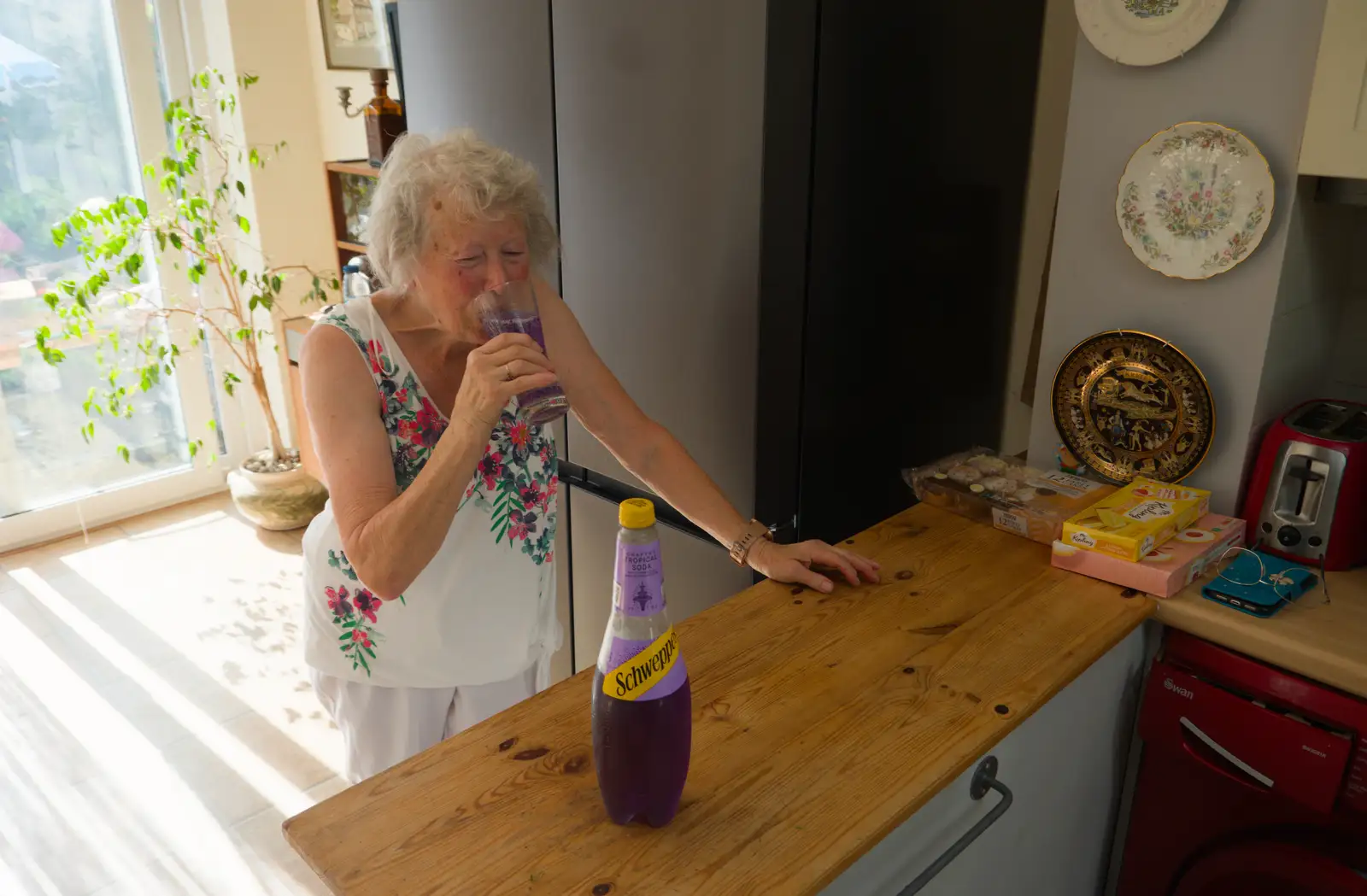We try a random purple soda-water drink, from Alan's 80th Birthday, Eye, Suffolk - 8th August 2026