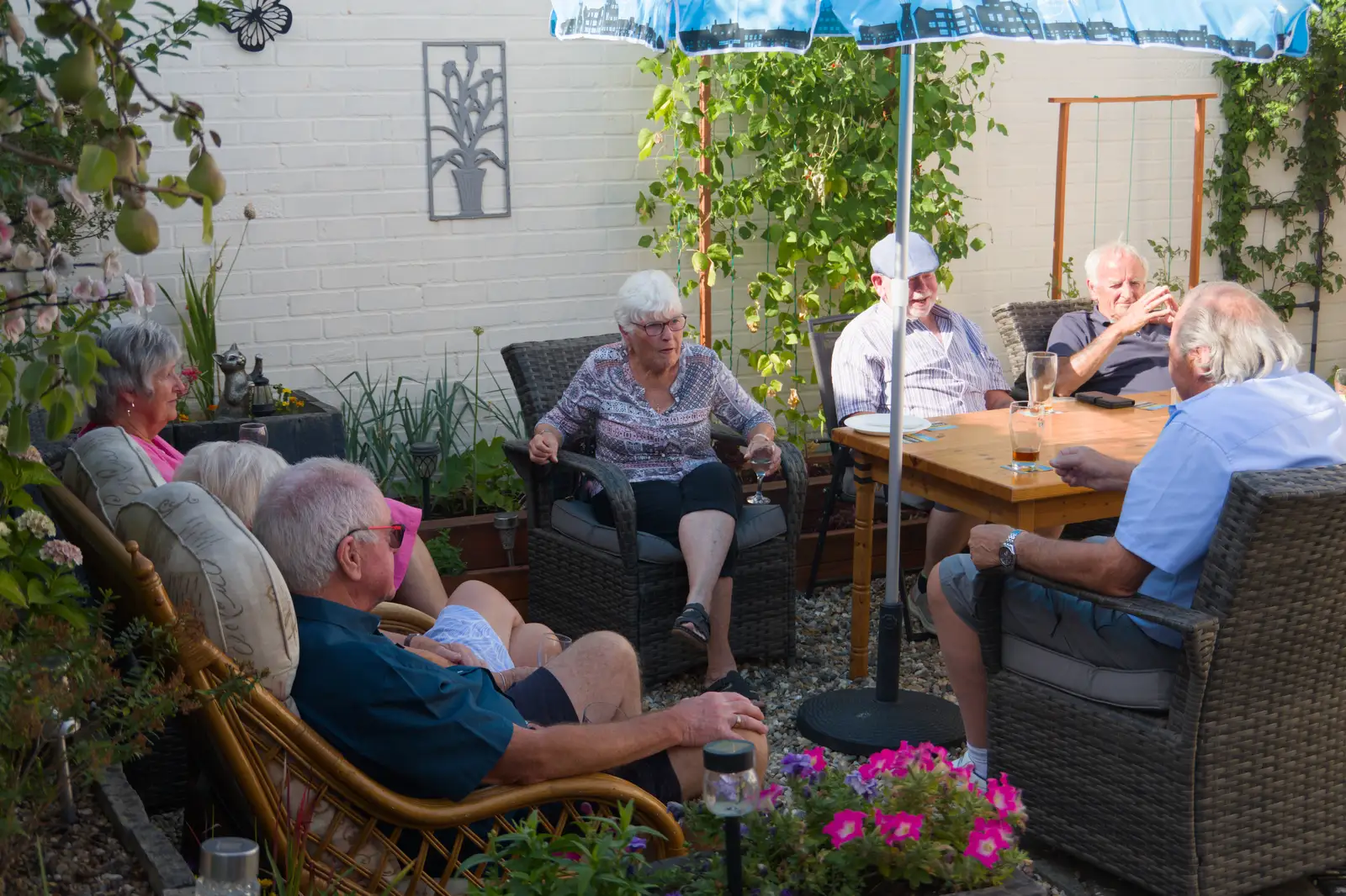 Jill and Spammy chat to Alan in the garden, from Alan's 80th Birthday, Eye, Suffolk - 8th August 2026