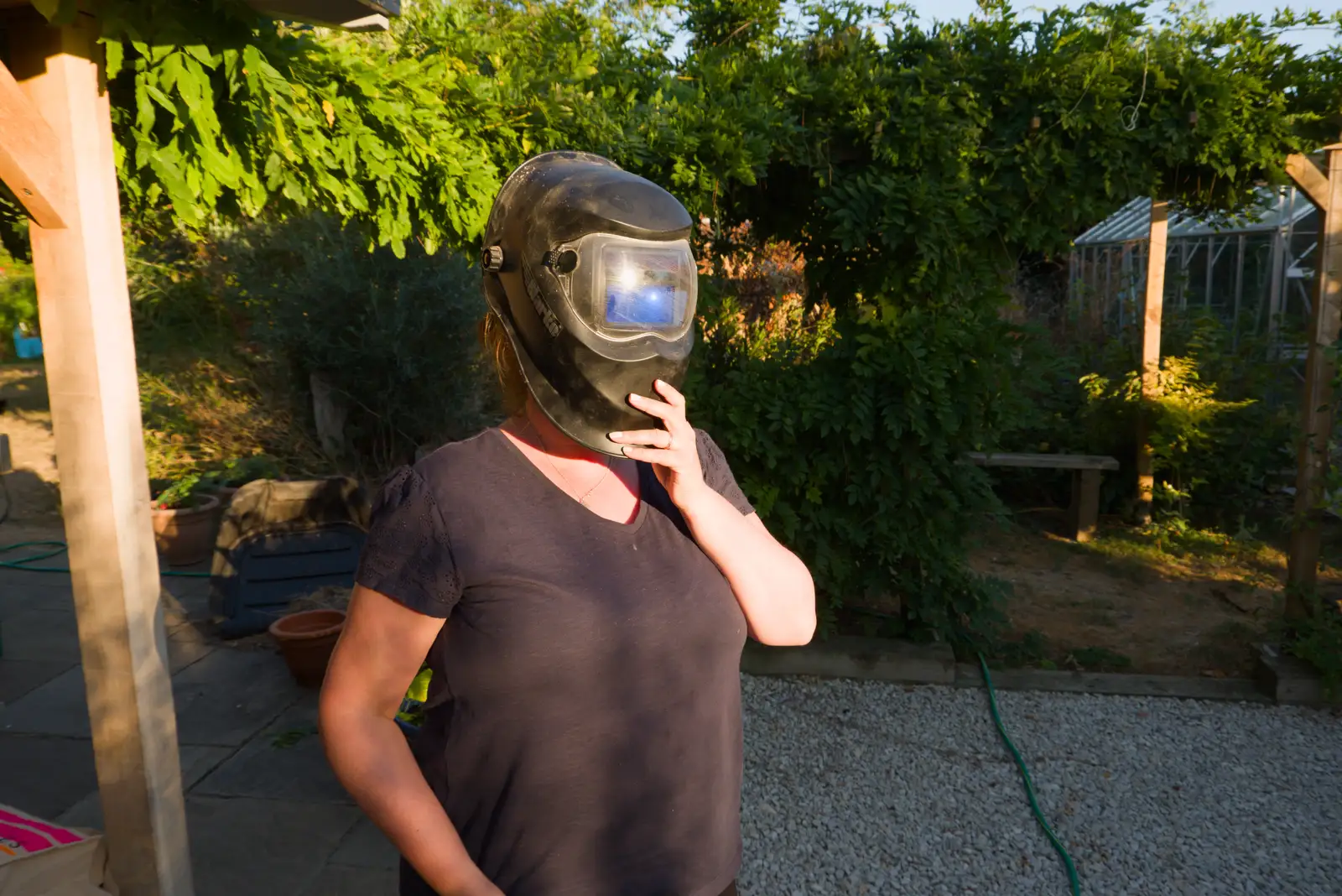 Isobel with a welder's mask, from Eclipse and Chips, Brome, Suffolk - 12th August 2026