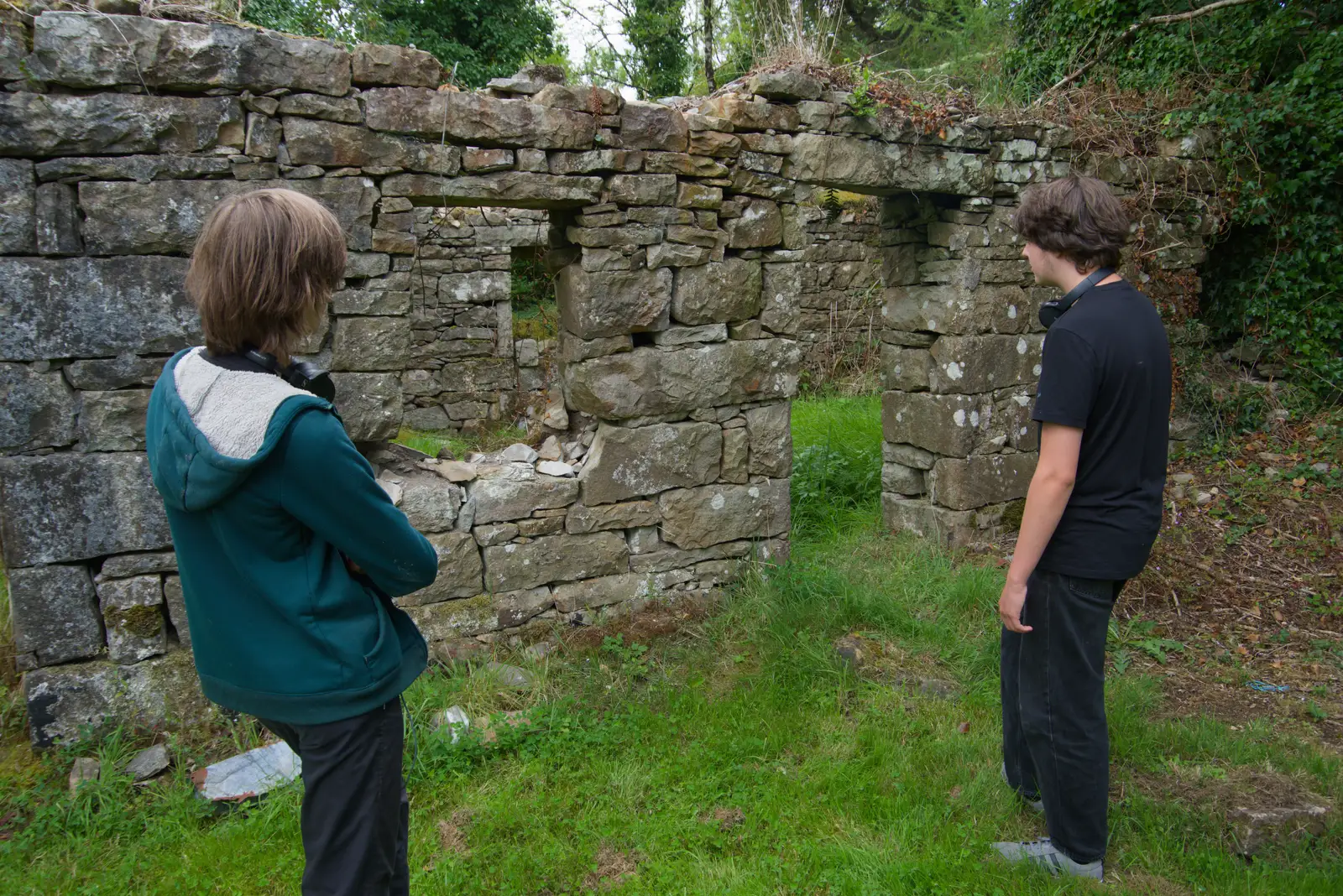 The boys consider the original derelict building, from Castle Dargan Golf, Glangelvin and Pizza in Dún Laoghaire, Ireland - 28th August 2026