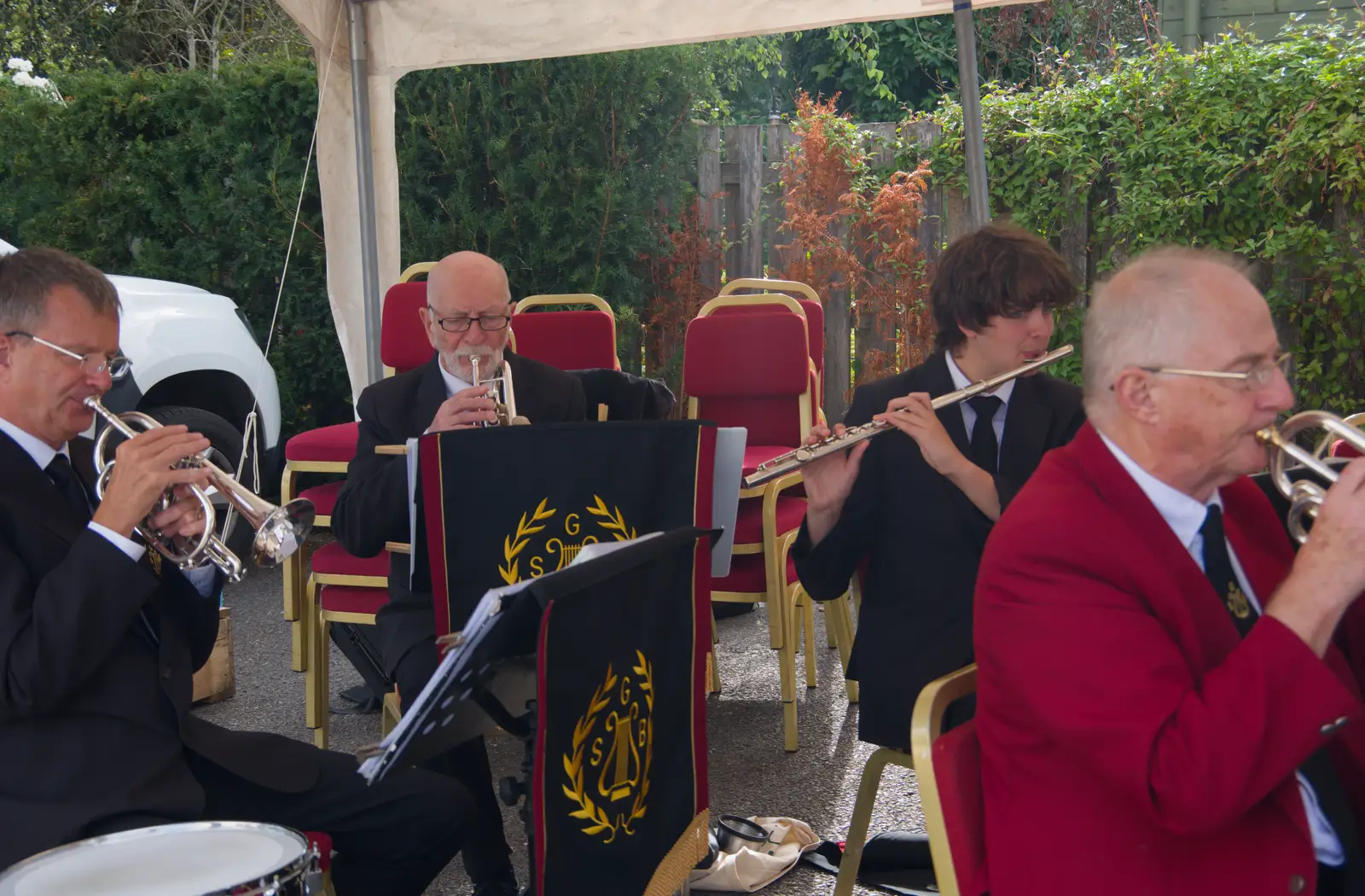 Nosher, Brian, Fred and David in action, from The GSB at Walsham and the Little Blues Band in Mellis, Suffolk - 31st August 2026