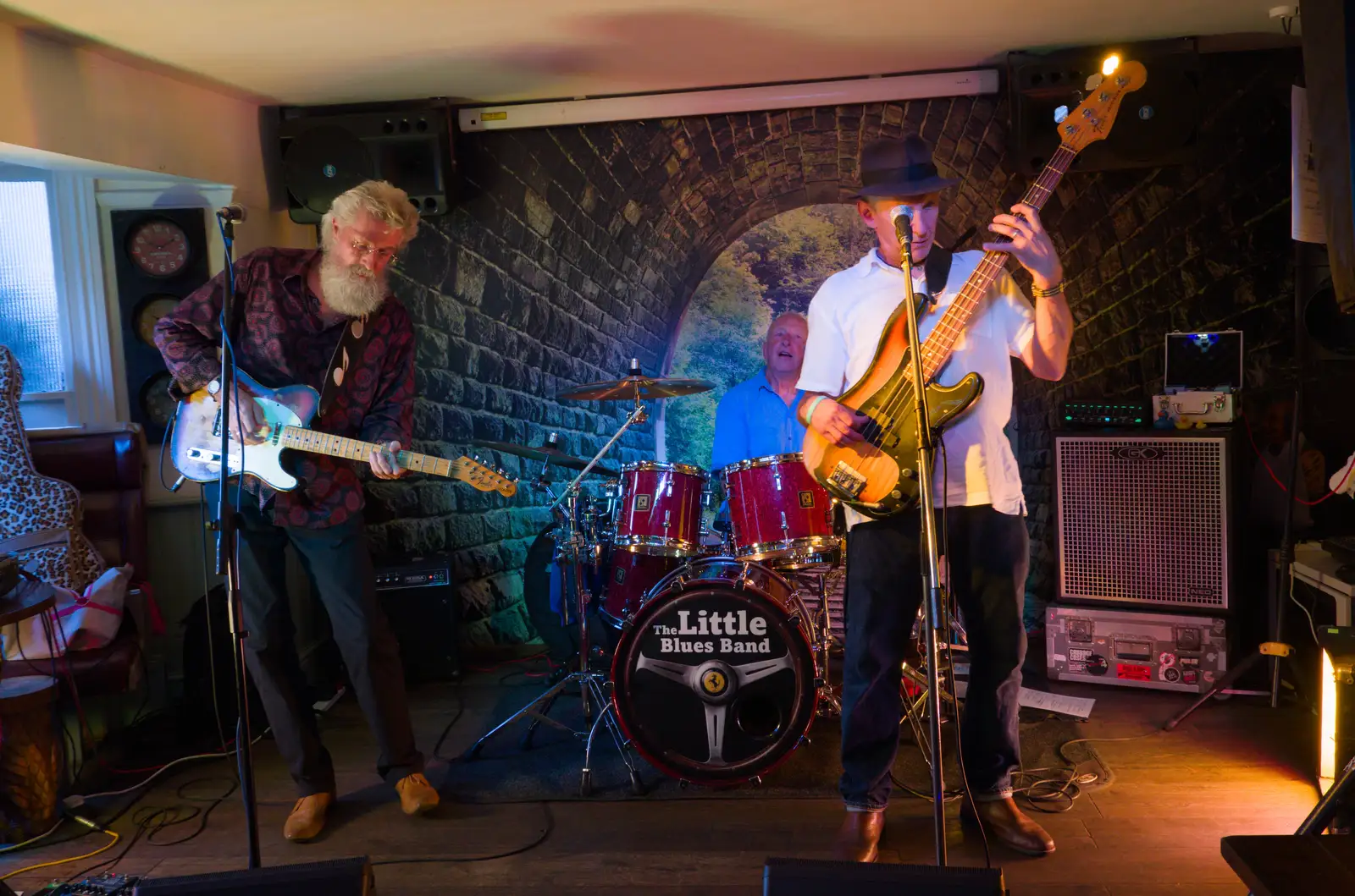 Joe's bass guitar nearly touches the ceiling, from The GSB at Walsham and the Little Blues Band in Mellis, Suffolk - 31st August 2026